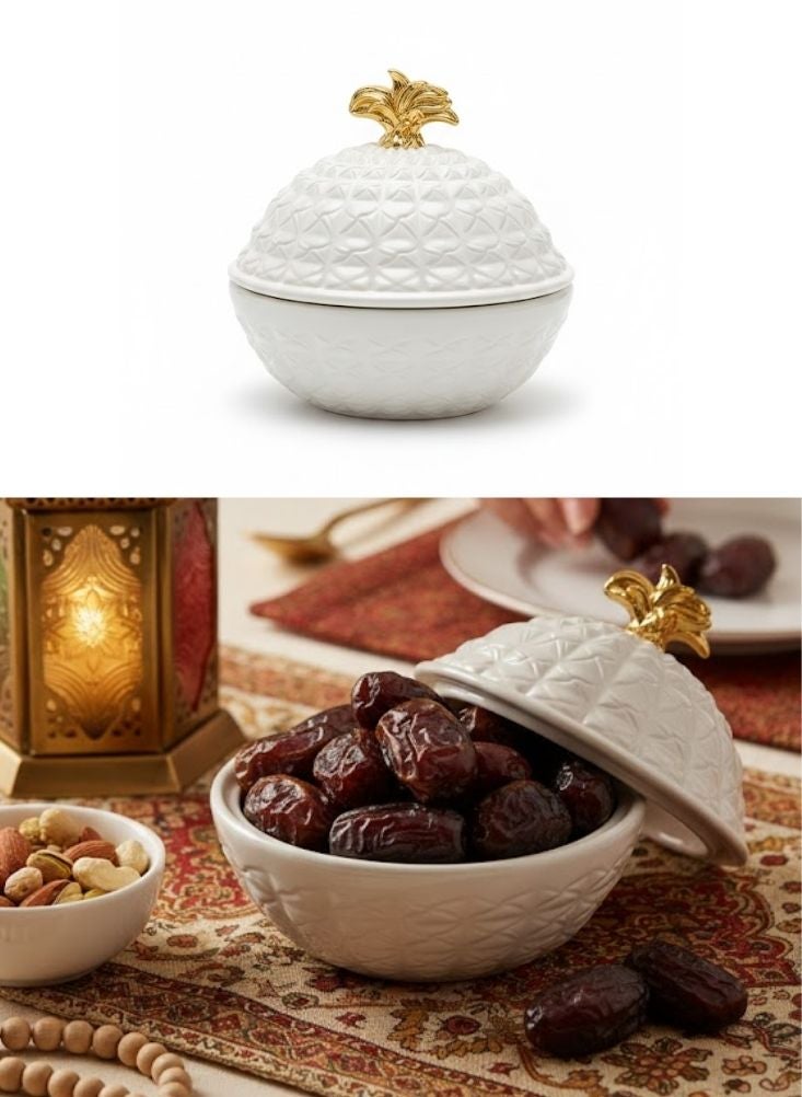 Premium White Ceramic Covered Date Bowl with Gold Pineapple Lid – 1 Pc Ramadan Serving Bowl - Image 1